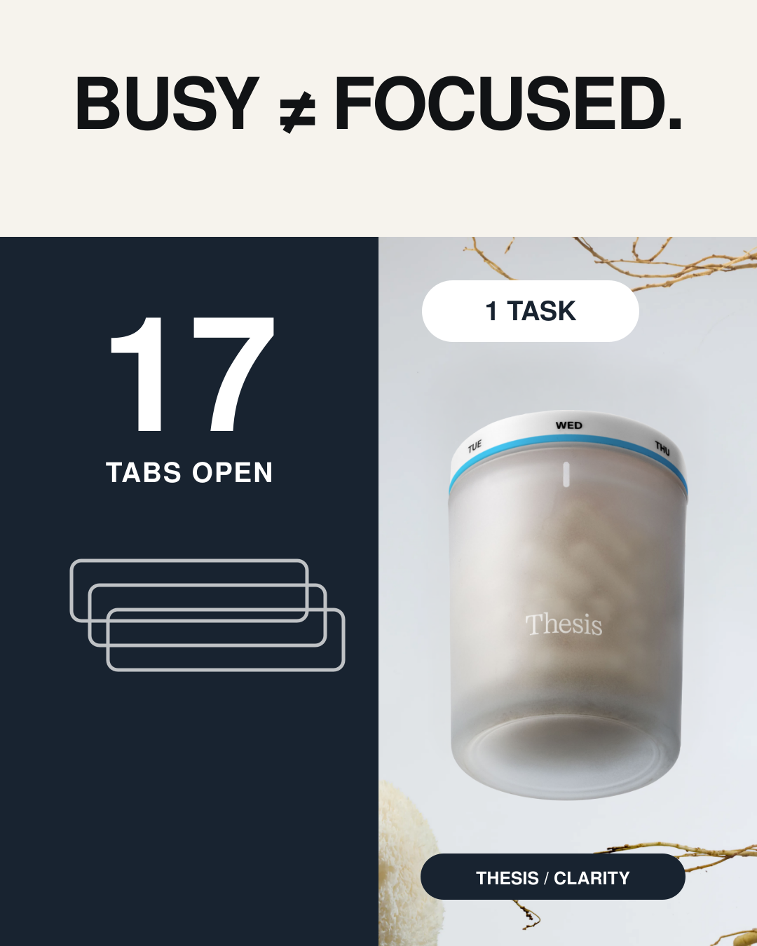 Thesis Clarity static contrasting seventeen open tabs with one unfinished task